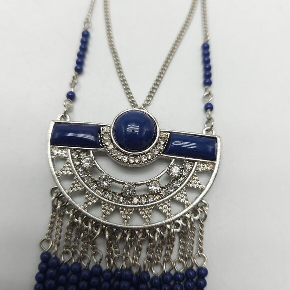 Boho Inspired Blue Beaded Silver Statement Necklace Layered Fringe Design - Picture 5 of 7